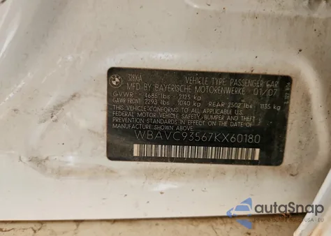 2007 BMW 328 Xi z USA, uszkodzony, nr VIN WBAVC93567KX60180